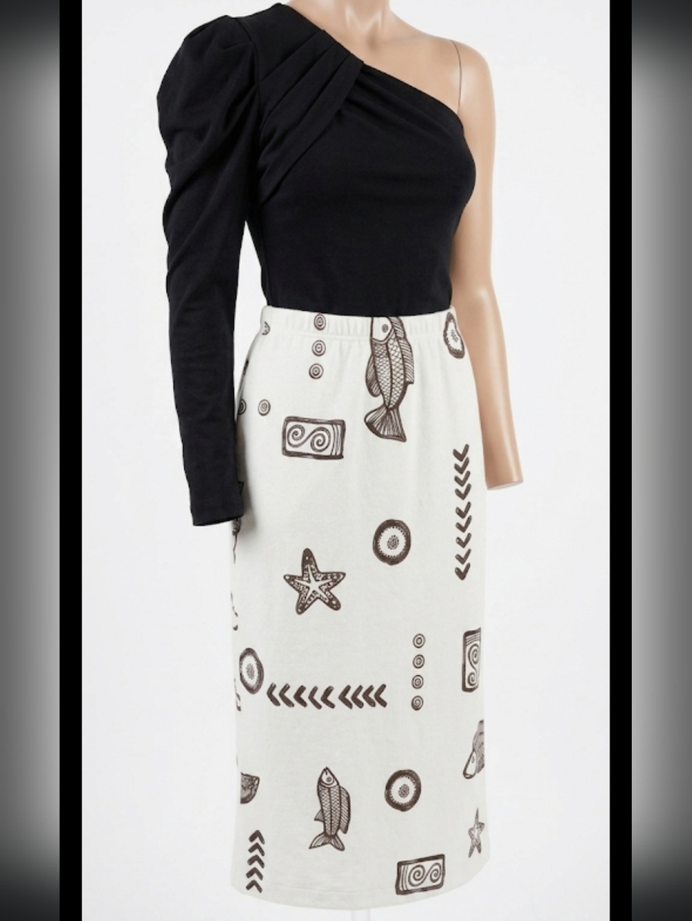 MCM 2 Piece Outfit Sz Small Assymetrical Black Bodysuit & Astec Print Midi Skirt
